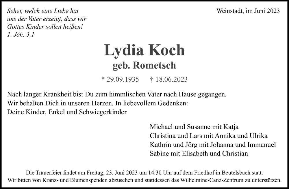  Traueranzeige für Lydia Koch vom 21.06.2023 aus Waiblinger Kreiszeitung