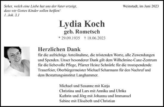 Traueranzeige von Lydia Koch von Waiblinger Kreiszeitung