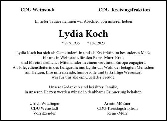 Traueranzeige von Lydia Koch von Waiblinger Kreiszeitung