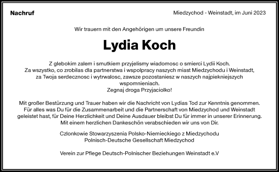 Traueranzeige von Lydia Koch von Waiblinger Kreiszeitung