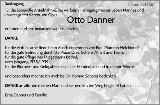 Traueranzeigen Von Otto Danner | ZVW-Trauer