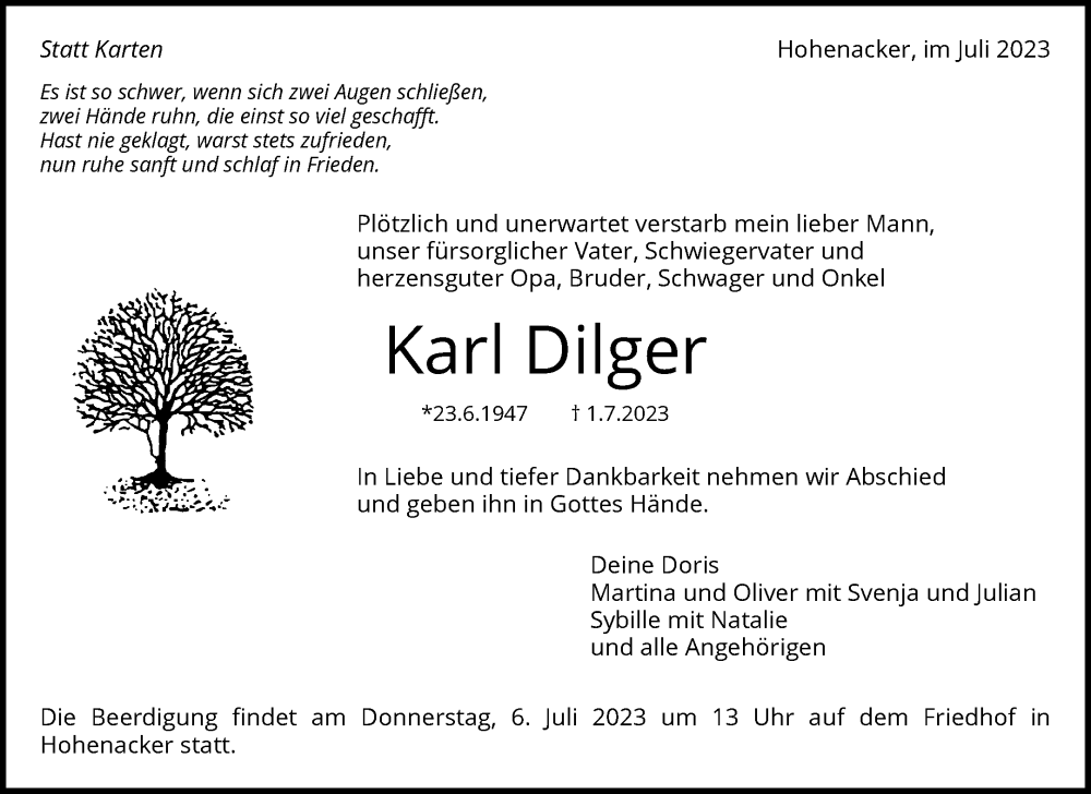  Traueranzeige für Karl Dilger vom 04.07.2023 aus Waiblinger Kreiszeitung