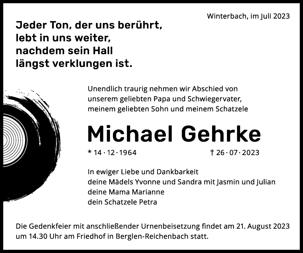  Traueranzeige für Michael Gehrke vom 29.07.2023 aus Waiblinger Kreiszeitung