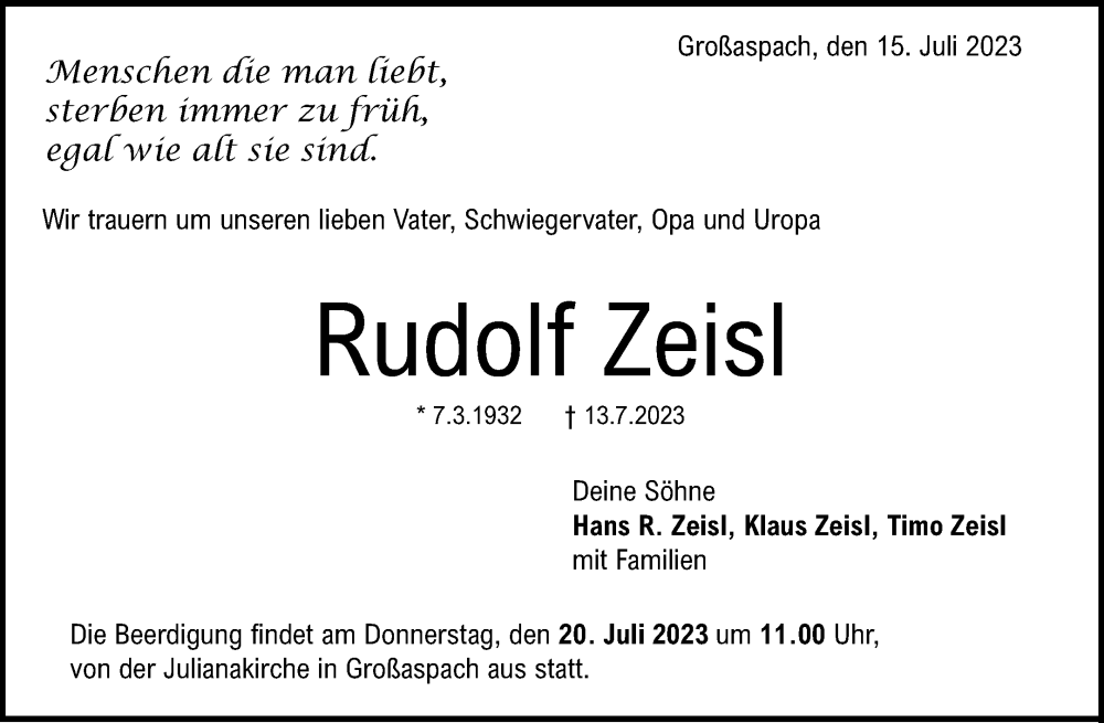  Traueranzeige für Rudolf Zeisl vom 15.07.2023 aus Waiblinger Kreiszeitung