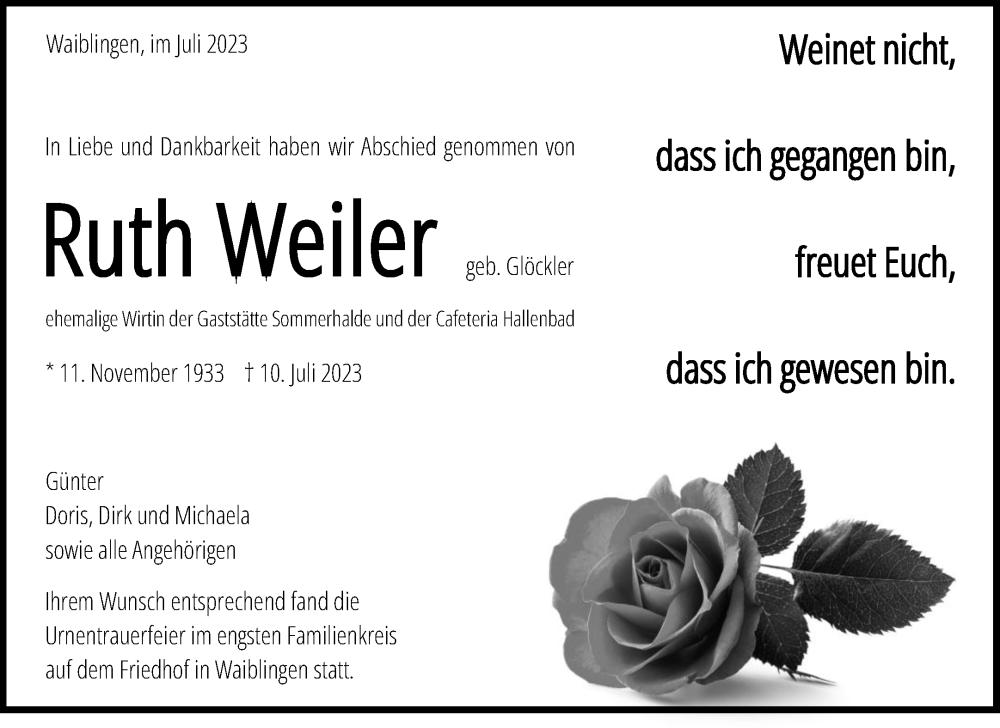  Traueranzeige für Ruth Weiler vom 29.07.2023 aus Waiblinger Kreiszeitung