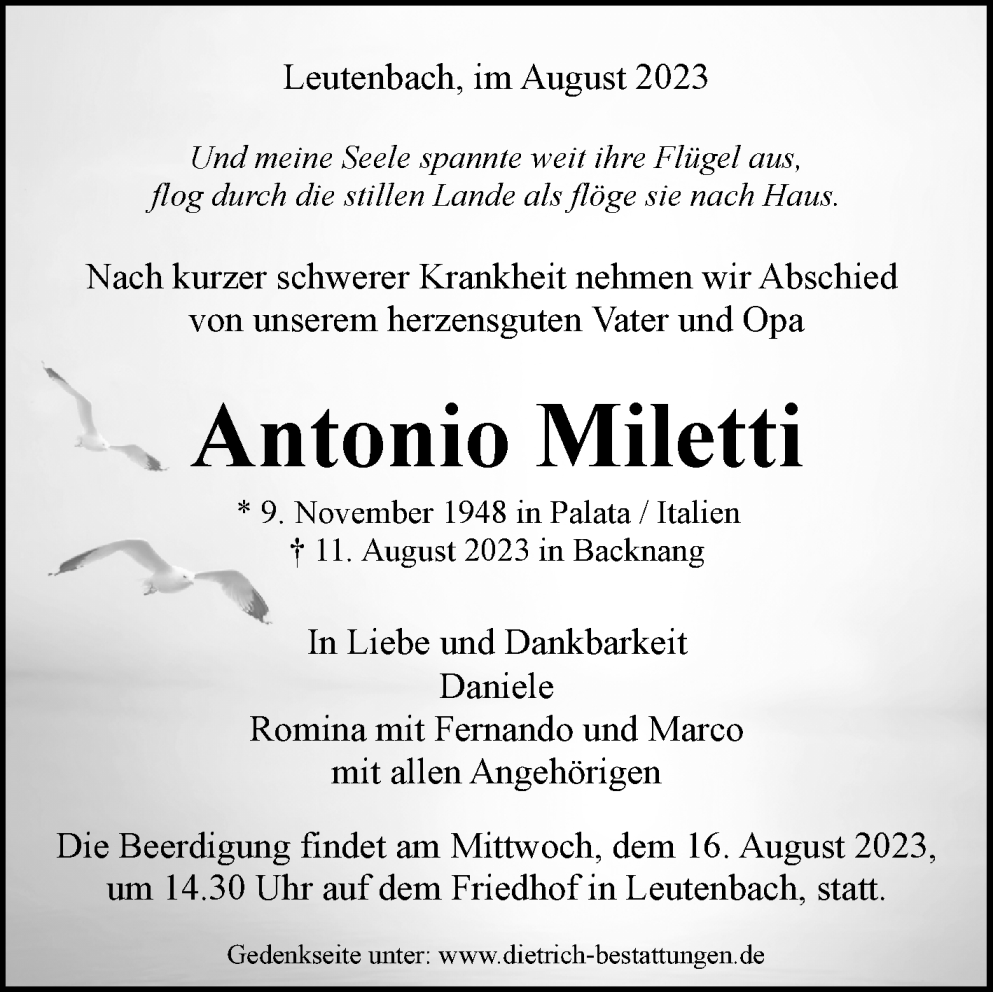  Traueranzeige für Antonio Miletti vom 14.08.2023 aus Waiblinger Kreiszeitung