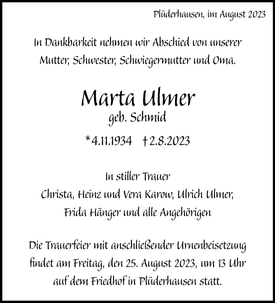 Traueranzeige von Marta Ulmer von Waiblinger Kreiszeitung