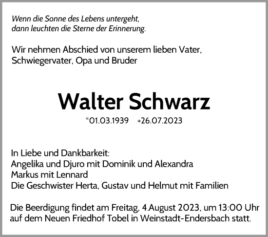 Traueranzeige von Walter Schwarz von Waiblinger Kreiszeitung