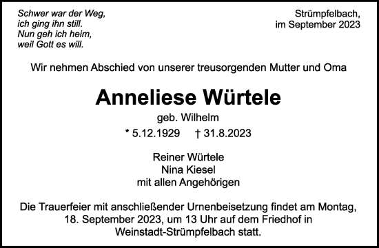 Traueranzeige von Anneliese Würtele von Waiblinger Kreiszeitung