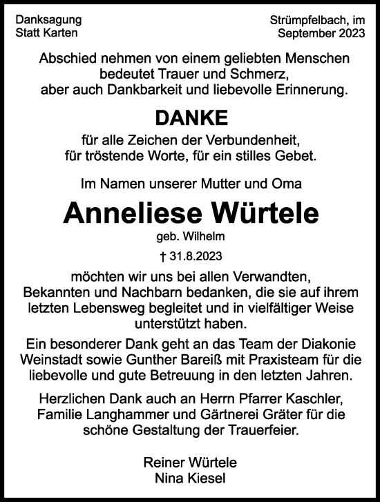 Traueranzeige von Anneliese Würtele von Waiblinger Kreiszeitung