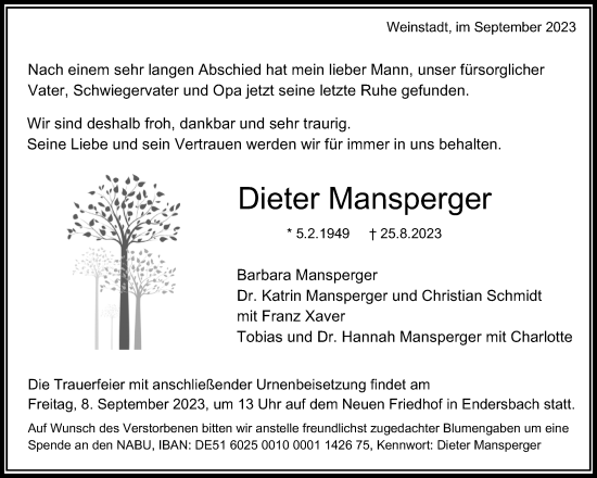 Traueranzeige von Dieter Mansperger von Waiblinger Kreiszeitung