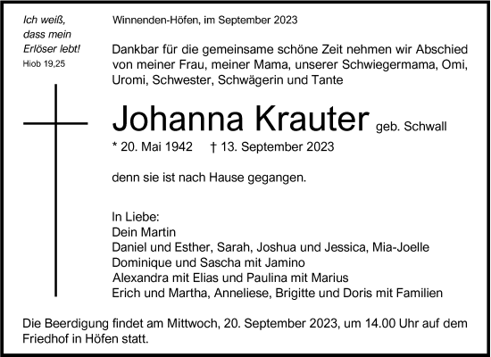 Traueranzeige von Johanna Krauter von Waiblinger Kreiszeitung