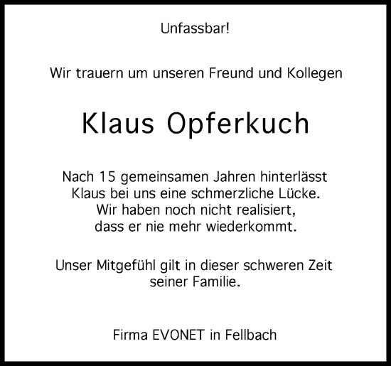 Traueranzeige von Klaus Opferkuch von Waiblinger Kreiszeitung