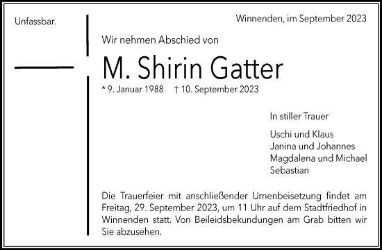 Traueranzeige von M. Shirin Gatter von Waiblinger Kreiszeitung