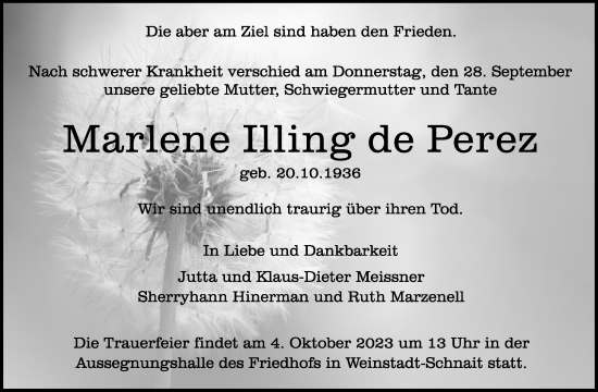 Traueranzeige von Marlene Illing de Perez von Waiblinger Kreiszeitung