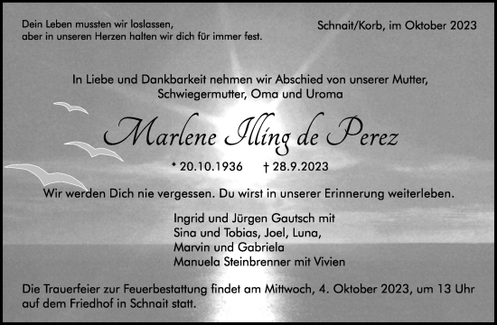 Traueranzeige von Marlene Illing de Perez von Waiblinger Kreiszeitung