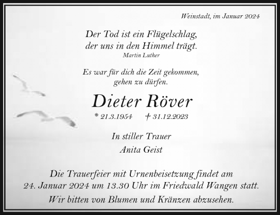 Traueranzeige von Dieter Röver von Waiblinger Kreiszeitung