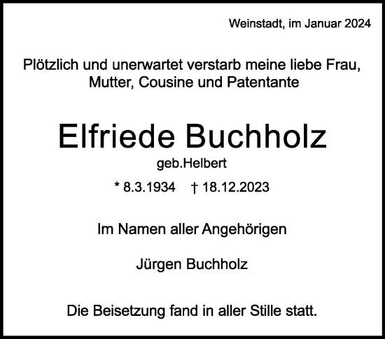 Traueranzeige von Elfriede Buchholz von Waiblinger Kreiszeitung