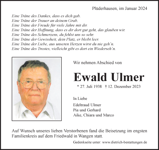 Traueranzeige von Ewald Ulmer von Waiblinger Kreiszeitung