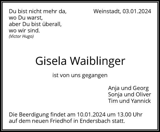 Traueranzeige von Gisela Waiblinger von Waiblinger Kreiszeitung