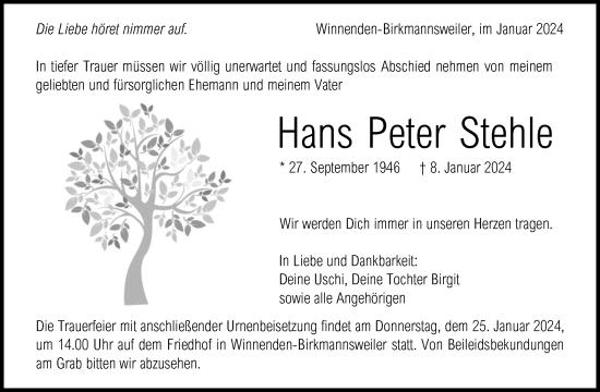 Traueranzeige von Hans Peter Stehle von Waiblinger Kreiszeitung