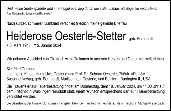 Traueranzeige von Heiderose Oesterle-Stetter von Waiblinger Kreiszeitung