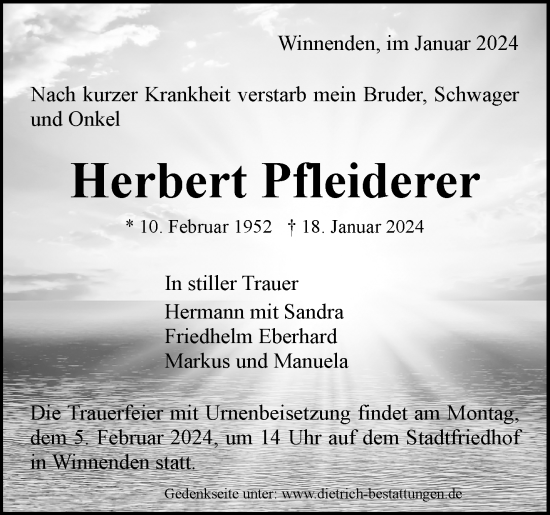 Traueranzeige von Herbert Pfleiderer von Waiblinger Kreiszeitung