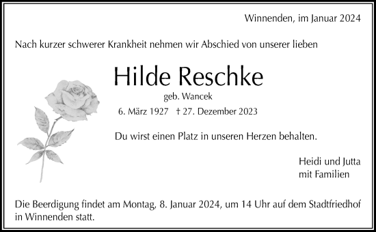 Traueranzeige von Hilde Reschke von Waiblinger Kreiszeitung