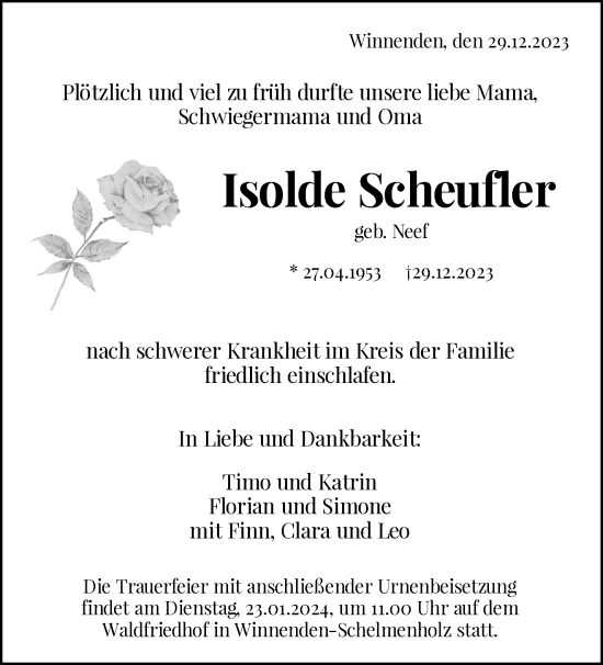 Traueranzeige von Isolde Scheufler von Waiblinger Kreiszeitung