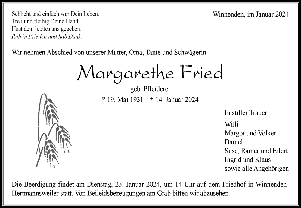  Traueranzeige für Margarethe Fried vom 17.01.2024 aus Waiblinger Kreiszeitung