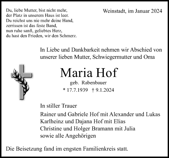 Traueranzeige von Maria Hof von Waiblinger Kreiszeitung