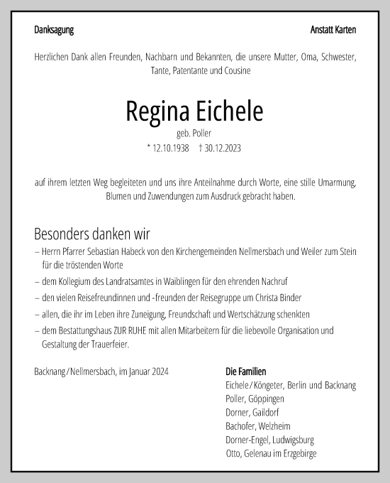 Traueranzeige von Regina Eichele von Waiblinger Kreiszeitung