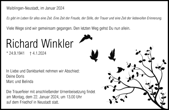 Traueranzeige von Richard Winkler von Waiblinger Kreiszeitung