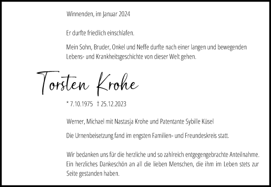 Traueranzeige von Torsten Krohe von Waiblinger Kreiszeitung