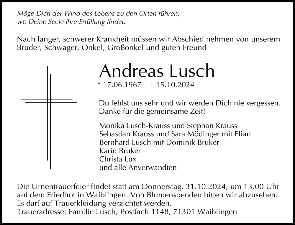  Traueranzeige für Andreas Lusch vom 26.10.2024 aus Waiblinger Kreiszeitung