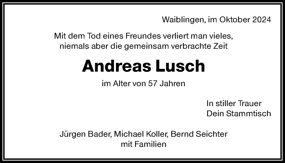  Traueranzeige für Andreas Lusch vom 26.10.2024 aus Waiblinger Kreiszeitung