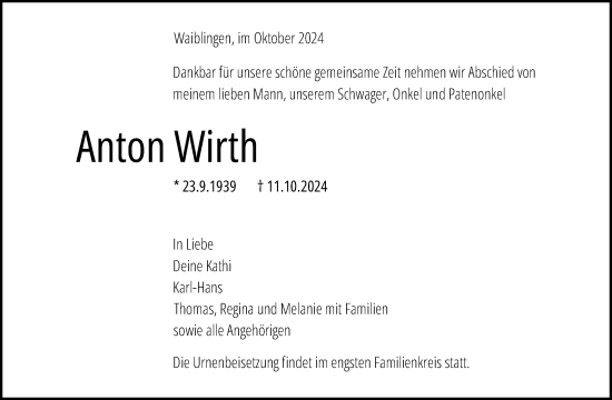 Traueranzeige von Anton Wirth von Waiblinger Kreiszeitung