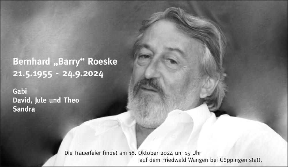  Traueranzeige für Bernhard Roeske vom 04.10.2024 aus Waiblinger Kreiszeitung