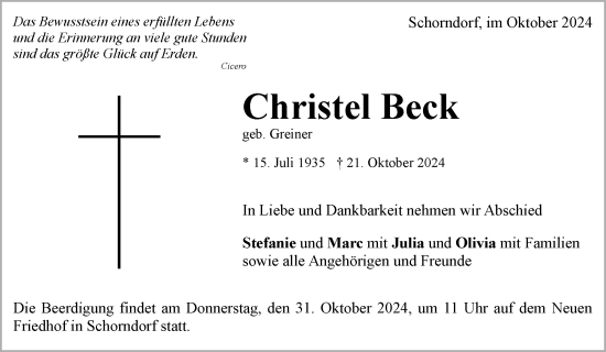 Traueranzeige von Christel Beck von Waiblinger Kreiszeitung