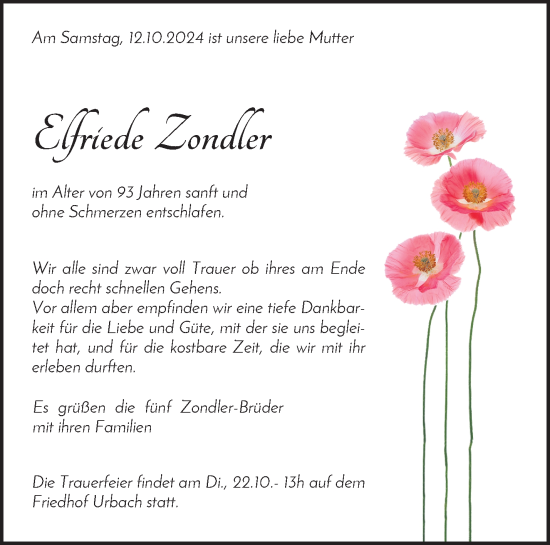 Traueranzeige von Elfriede Zondler von Waiblinger Kreiszeitung