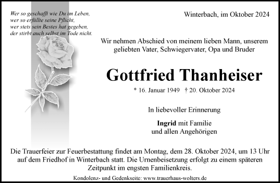 Traueranzeige von Gottfried Thanheiser von Waiblinger Kreiszeitung