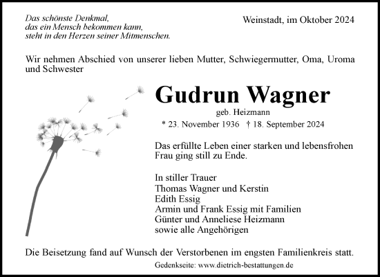 Traueranzeige von Gudrun Wagner von Waiblinger Kreiszeitung