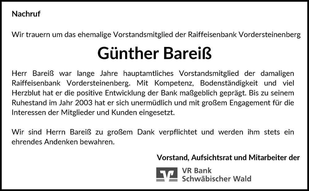  Traueranzeige für Günther Bareiß vom 02.10.2024 aus Waiblinger Kreiszeitung