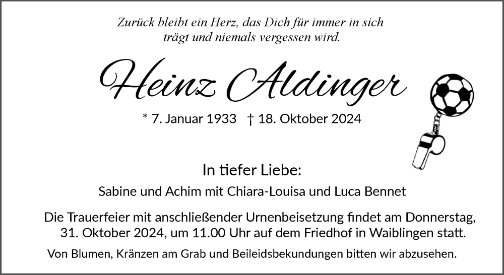  Traueranzeige für Heinz Aldinger vom 22.10.2024 aus Waiblinger Kreiszeitung