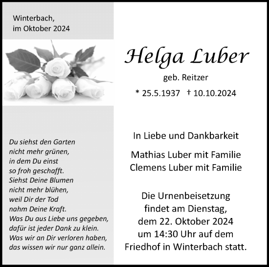 Traueranzeige von Helga Luber von Waiblinger Kreiszeitung