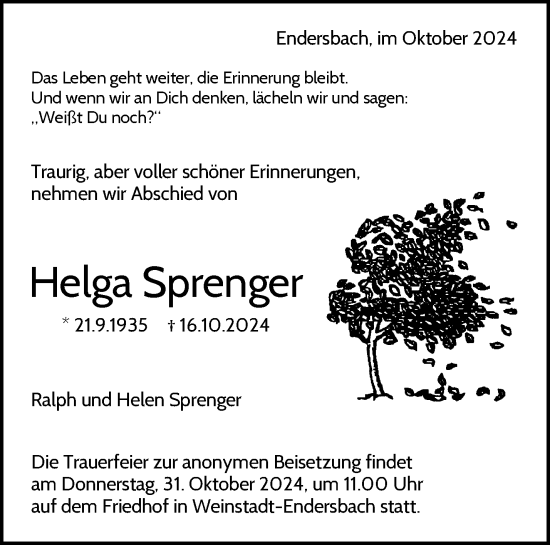 Traueranzeige von Helga Sprenger von Waiblinger Kreiszeitung