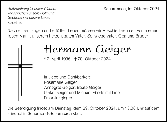 Traueranzeige von Hermann Geiger von Waiblinger Kreiszeitung