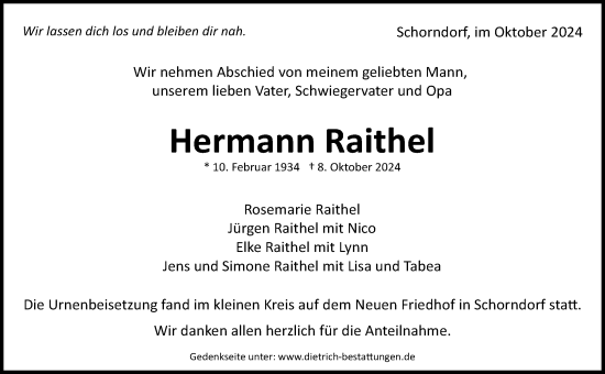 Traueranzeige von Hermann Raithel von Waiblinger Kreiszeitung