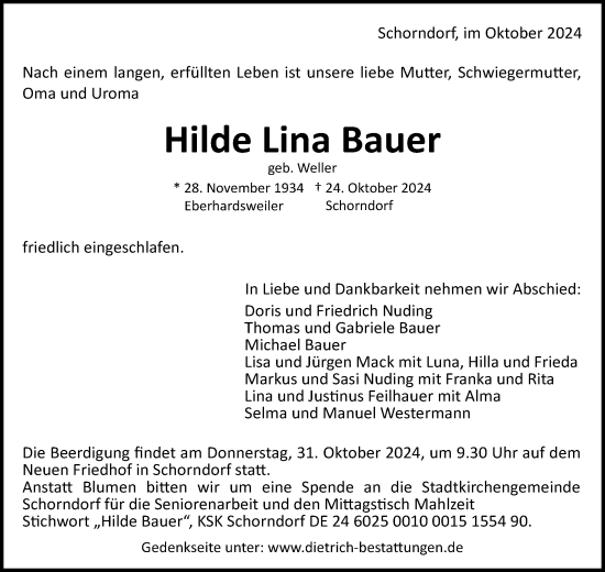 Traueranzeige von Hilde Lina Bauer von Waiblinger Kreiszeitung