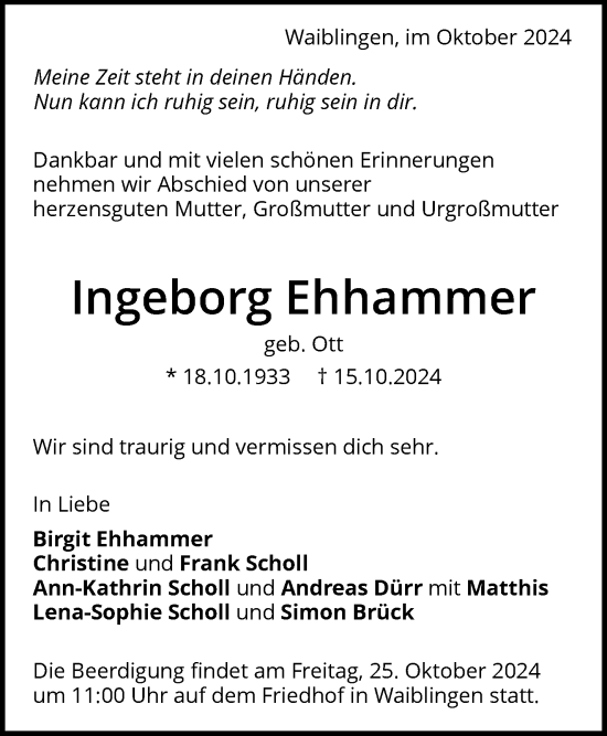 Traueranzeige von Ingeborg Ehhammer von Waiblinger Kreiszeitung